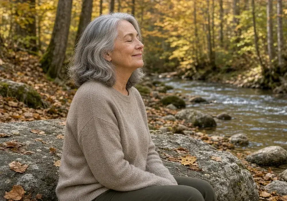 Older woman with closed eyes sitting on a rock beside a creek in an autumn forest