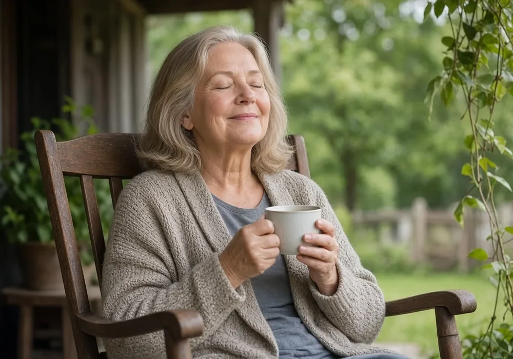 Older woman with eyes closed and a calm smile holding a mug of tea in a wooden rocking chair on a shaded porch