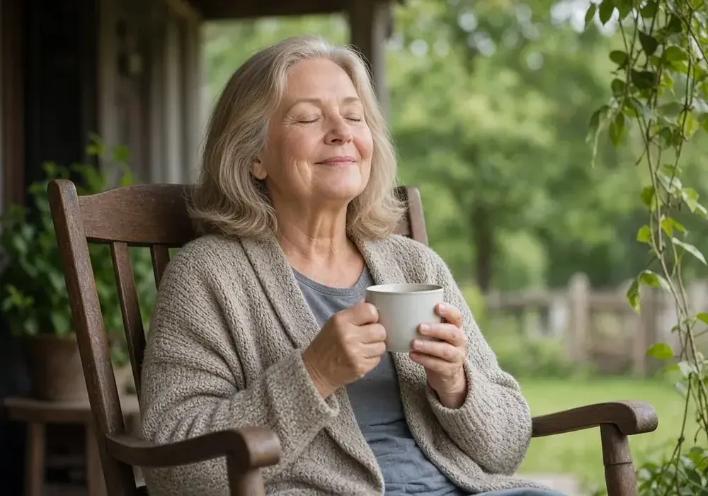 Older woman with eyes closed and a calm smile holding a mug of tea in a wooden rocking chair on a shaded porch
