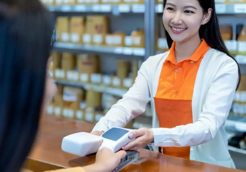 Young hearing aid specialist with black hair in orange shirt in a pharmacy