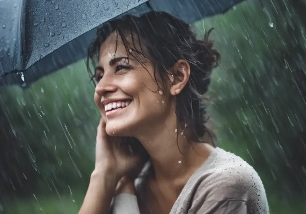 Young woman smiling while standing in the rain with an umbrella